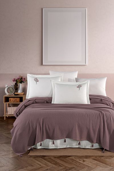 Marka Newhome Double Fringed Hand Embroidered 100% Cotton Luxury Pique Set Plum