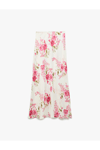 Koton Viscose Fabric Midi Length Floral Satin Flared Skirt