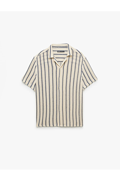 Koton Pamuklu Regular Fit Apaş Yaka Düğmeli Kısa Kollu Ajurlu Çizgili Gömlek