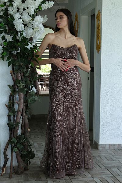 Feminist Stone Embroidered Long Fish Evening Dress Brown 0801056