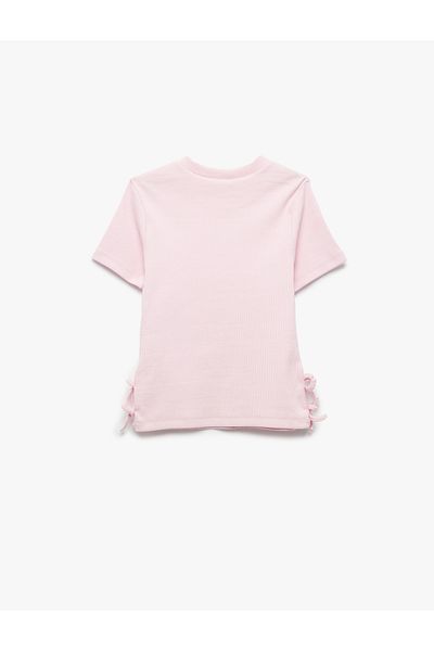 Koton Ribbed Short Sleeve Crew Neck Cotton Bow T-Shirt