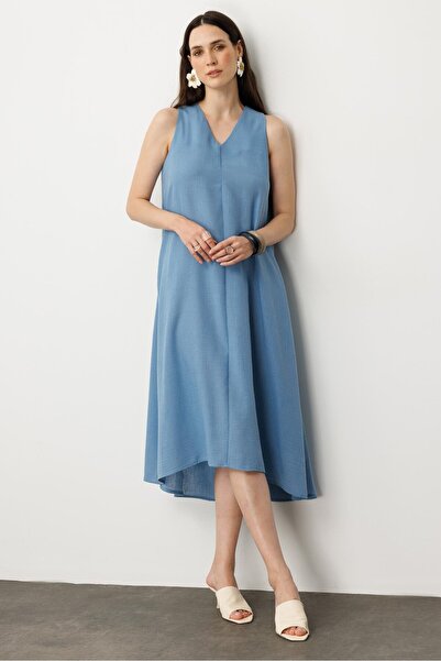 accort Kolsuz V Yaka Rahat Kesim Elbise-MAVİ