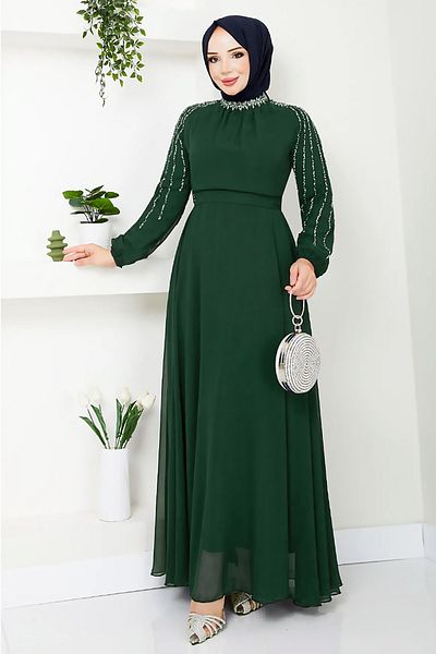 InStyle Βραδινό φόρεμα από πράσινο σιφόν με πέτρες στα μανίκια
