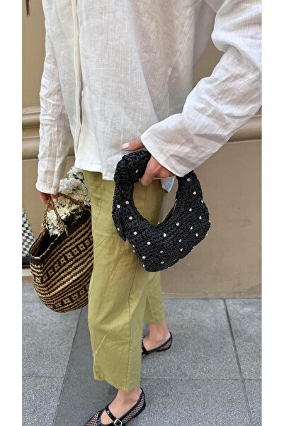 Eataly Shoes Taşlı Siyah Renk Minik Elde Tutma Hasır Çanta