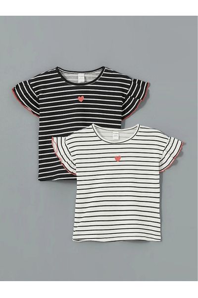 LC Waikiki Lcw Kids Ecru Striped Ruffle Girl's T-Shirt 2-Pack