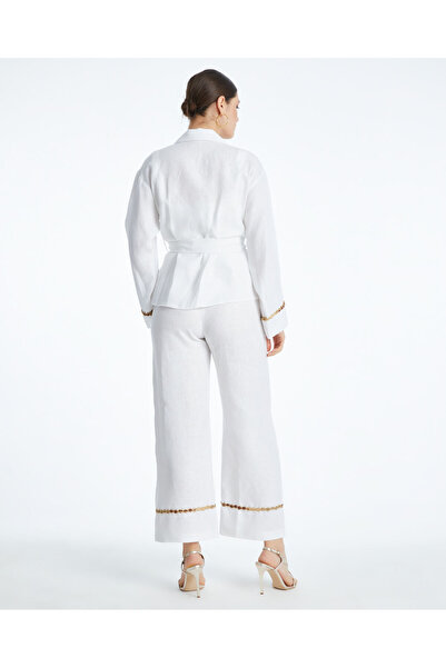 SERPİL Kadın Şık Takım – Kuşak Detaylı, Parlak İşlemeli Şerit Tasarımlı - Cek...