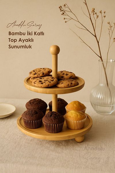Anadolu Saray Bamboo Two-Layer Ball Footed Presentation Stand |   Natural Wooden Presentation Tray Cake Cookie Serving Stand