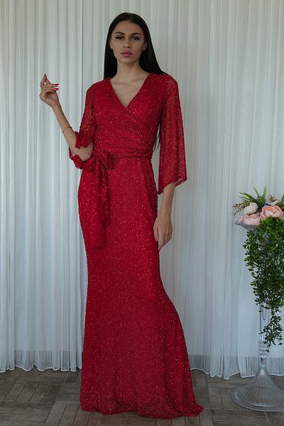 Feminist V Neck Sequin Long Sleeve Evening Dress Red 1106014
