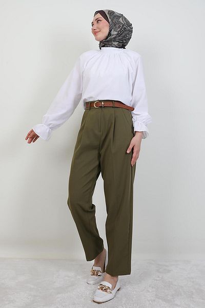 GİYZAMİLA Belted Pencil Pants Khaki