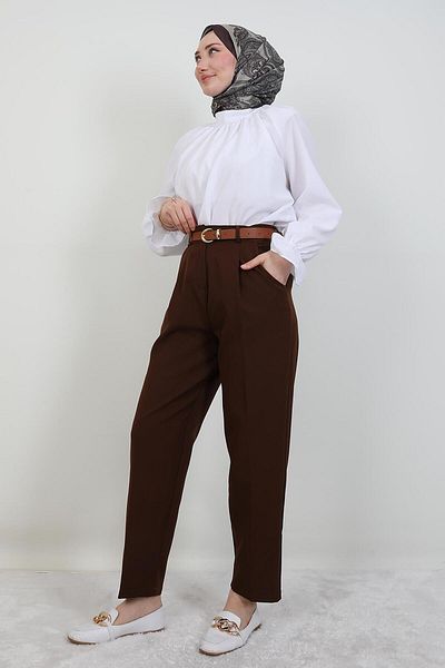GİYZAMİLA Belted Pencil Pants Brown