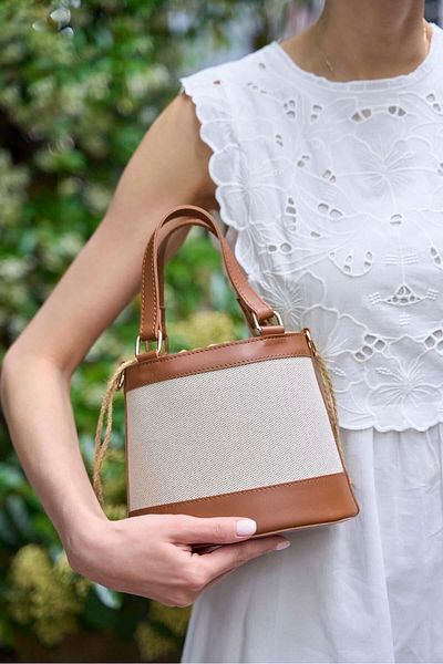 Madamra Canvas-Tan Women's Bohemian Style Bucket Hand and Shoulder Bag