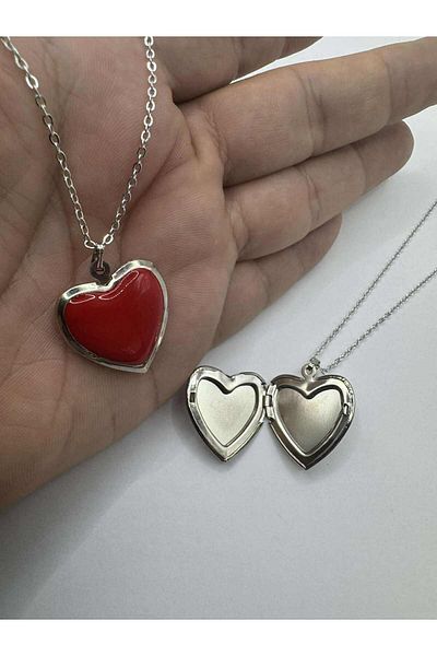Herşey Nota Red Heart Necklace Photo Placed Picture Can Be Placed, Clamshell, 55 cm Chain