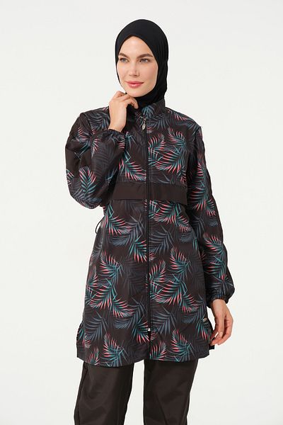 TESMAY Women's Leaf Patterned Gilet Full Covered Hijab Swimsuit 22171-25 Black
