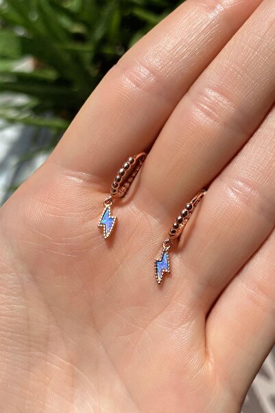 Spossy Silver Jewelry 925 Ayar Gümüş, Rose, Mavi Opal Taşlı Şimşek Küpe