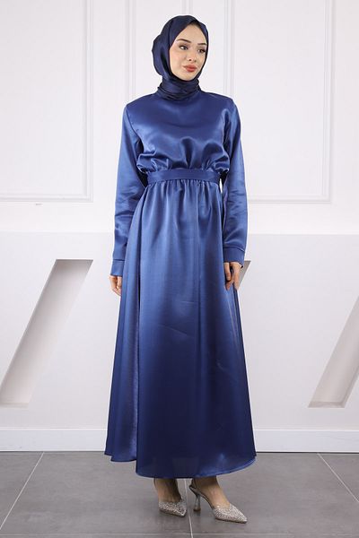İmajButik Βραδινό φόρεμα με ελαστική μέση σατέν μπλε Navy Blue