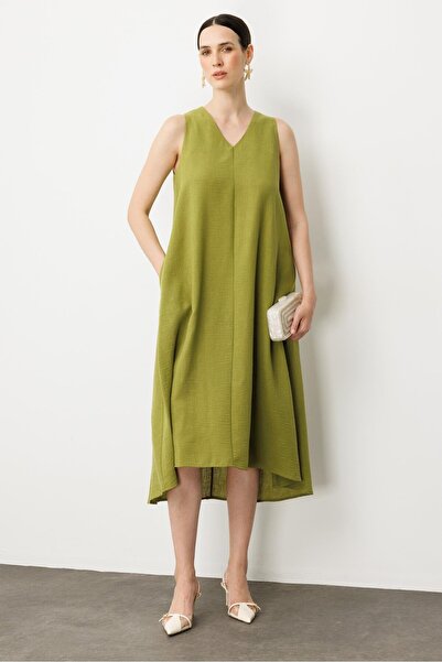 accort Kolsuz V Yaka Rahat Kesim Elbise-YEŞİL