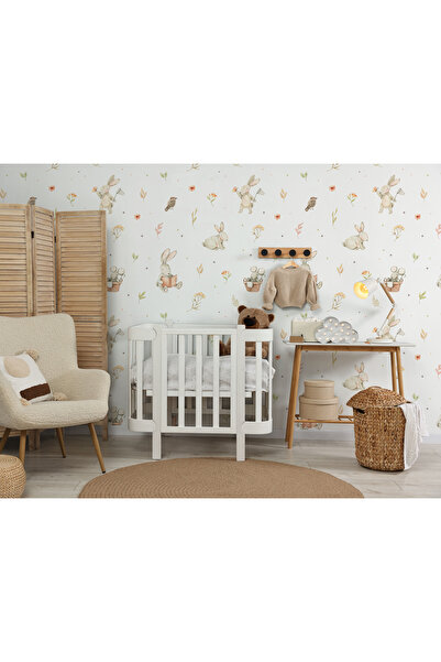 Tasarım Minimal Tavşanlar ve Yapraklar Çocuk Odası Duvar Kağıdı