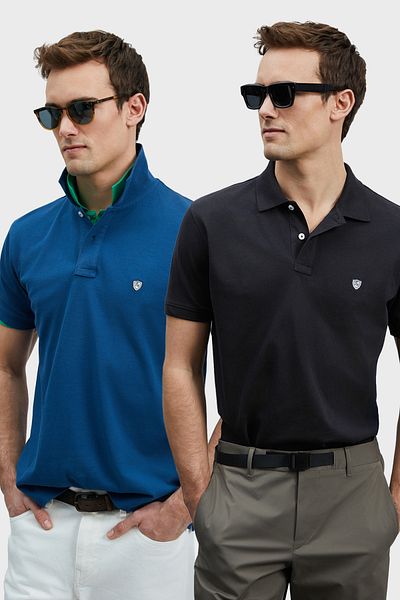 Lufian Με λογότυπο Βαμβακερό Comfort Fit Κουμπί γιακά Polo 2'li Μπλουζάκια Ανδρικό T SHIRT 111040206S2