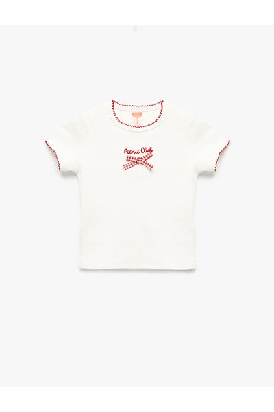 Koton Bow Detailed Short Sleeve Crew Neck Cotton T-Shirt