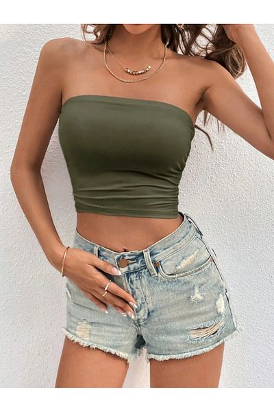 Teenystore Χακί Στράπλες Μπαντό Μπλούζα με Crop Body