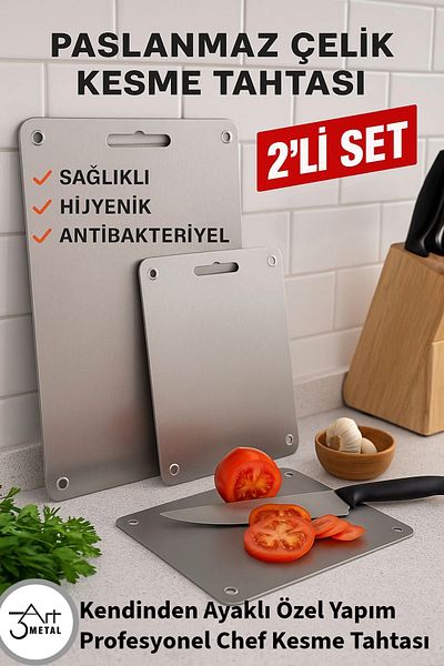 3art Metal Stainless Steel Cutting Board Set of 2 - Hygienic, Odorless and Antibacterial - Flush Mounted Legs