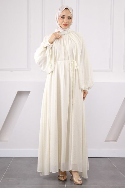 İmajButik Βραδινό φόρεμα σιφόν με κρεμ γιακά με κορδόνι