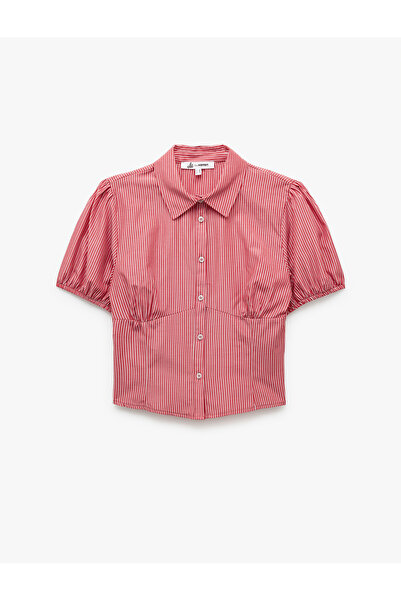 Koton Classic Lapel Button Slim Fit Short Balloon Sleeve Striped Shirt