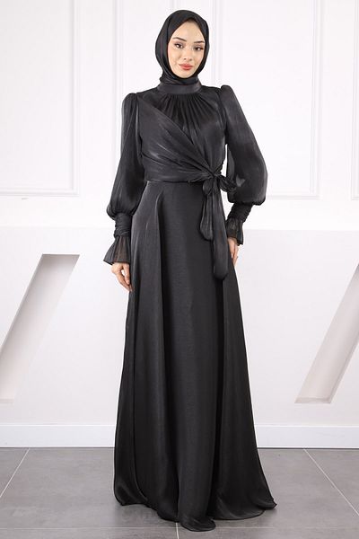 İmajButik Μαύρο βραδινό φόρεμα με λεπτομέρεια με μανίκια