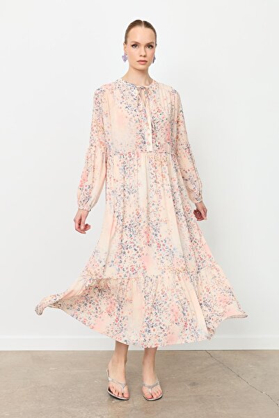 accort Eteği Volanlı Uzun Şifon Elbise-KIRMIZI