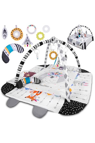 Smart Vibe Saltea de activități și spațiu de joacă 5 în 1, BabyKING KinderVibe™, cu pernă, 7 jucării senzoriale detașabile, Tw