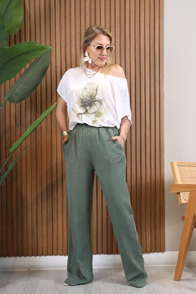 MİSLİNA BUTİK Haki Renk Pamuk Palazzo Pantolon