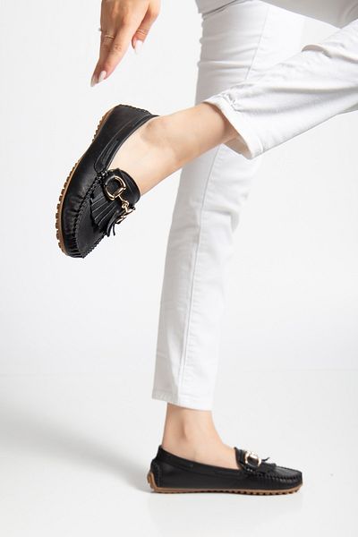ANALİN SHOES Дамски класически мокасини с катарама от естествена кожа - черни