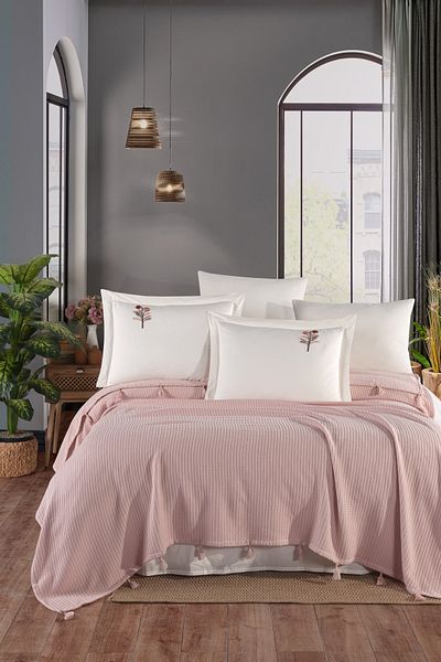 Marka Newhome Double Fringed Hand Embroidered 100% Cotton Luxury Pique Set Pink
