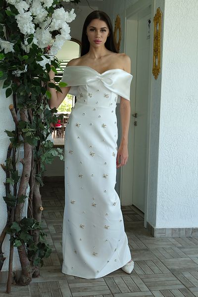Feminist Bow Detailed Stone Embroidered Evening Dress White 9705494