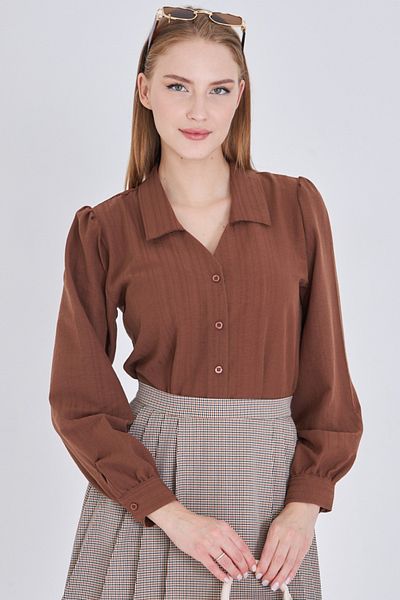 armonika Women's Light Brown V-Neck Balloon Sleeve Wrap Shirt Arm-25K001088