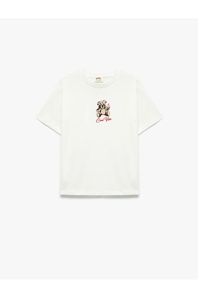 Koton Cotton Teddy Bear Embroidered Short Sleeve Crew Neck T-Shirt