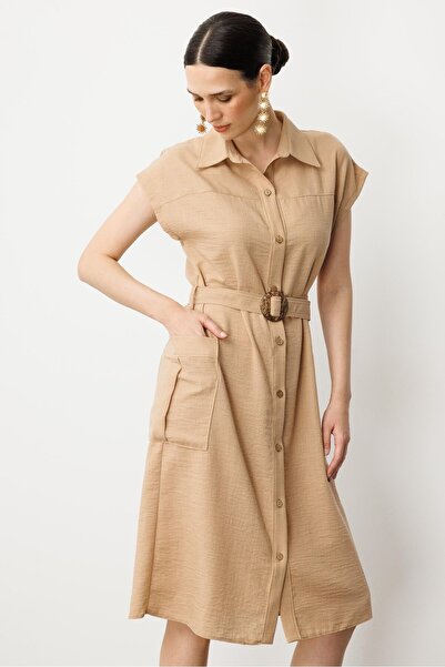 accort Keten Görünümlü Kuşaklı Elbise-CAMEL