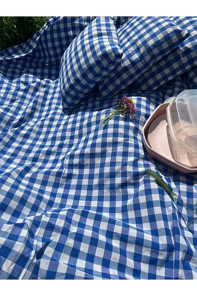 Junenext Floor Table Picnic Cover Table Cloth 165 X 165, 2 Cushions 40 X 40cm Blue Set