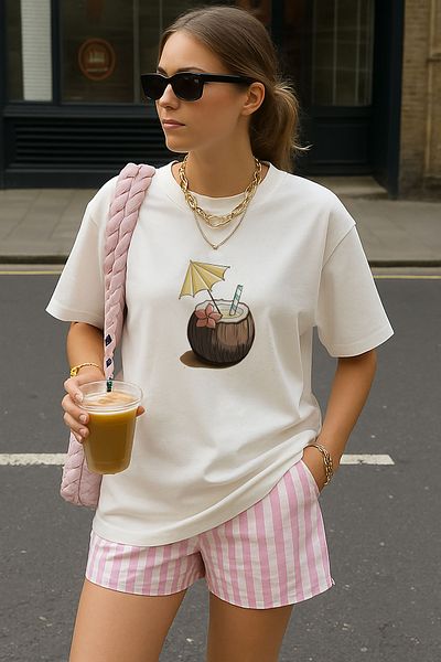 sielta Tricou de damă din bumbac oversize cu imprimeu Cocktail de nucă de cocos