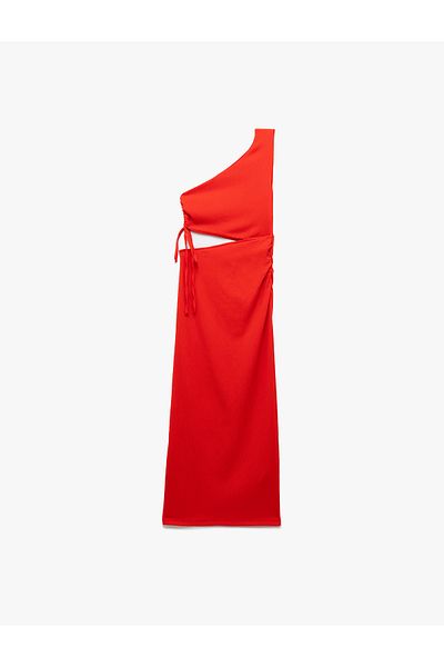 Koton Asymmetrical One Shoulder Window Detailed Midi Dress Wrinkled