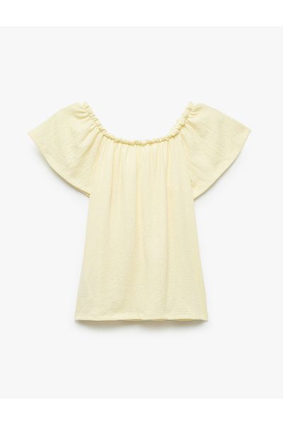 Koton Wrap-Around Fabric Bow Off-The-Shoulder Ruffle Short Sleeve Blouse