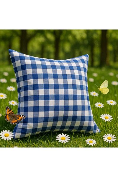 Junenext Checkered Filled Picnic Cushion 1 Piece 40 X 40cm Blue