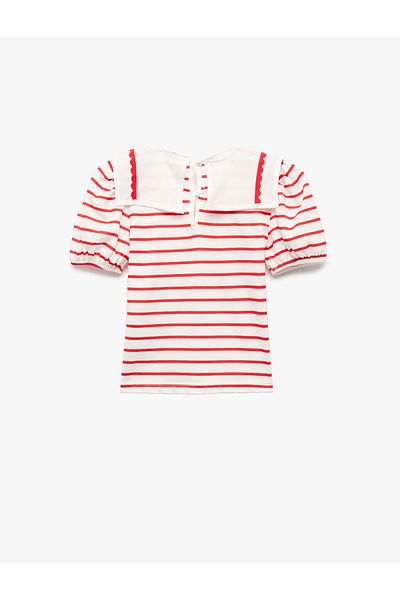Koton Short Balloon Sleeve Cotton Bow Detailed Baby Collar Striped T-Shirt