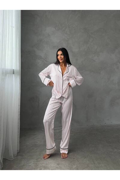 Butik VS PEMBE ÇİZGİLİ UZUN KOLLU SATEN PİJAMA TAKIMI
