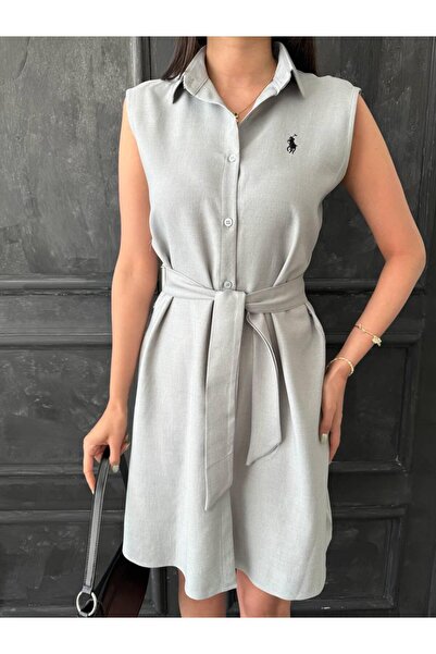 QBZ Shirt Collar Embroidery Detail Linen Dress