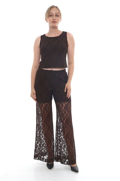 MODAMOR Brown Lace Suit – Top & Pants Set of Two