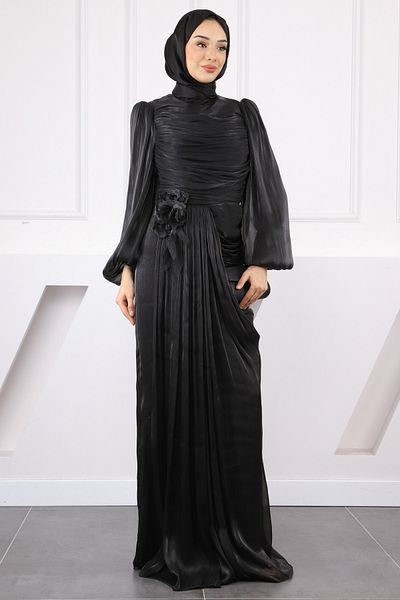 İmajButik Μαύρο βραδινό φόρεμα με λεπτομέρεια τριαντάφυλλου στο μπροστινό μέρος