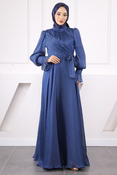İmajButik Βραδινό φόρεμα με μπλε ναυτικό πλαϊνό δεμένο μανίκι