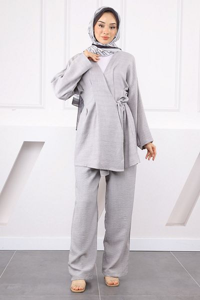 İmajButik Gray Cross Tied Linen Kimono Pants Set
