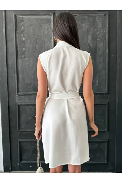QBZ Shirt Collar Embroidery Detail Linen Dress